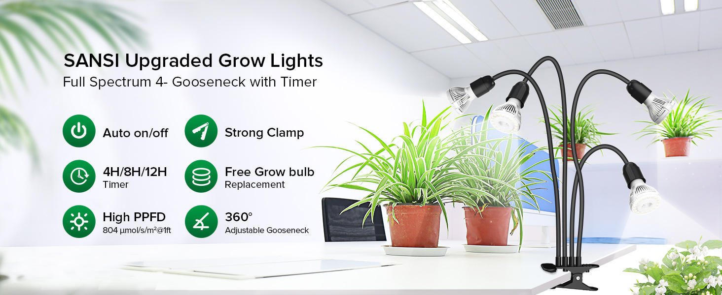 LED Grow Lights For Indoor PlantsTime Set 600W Full Spectrum Gooseneck Clip Plant Grow Light Plant Light With Timer