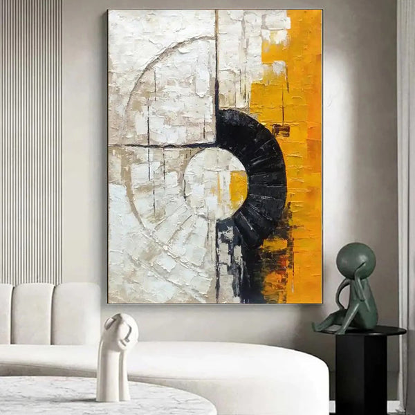Pintura abstracta naranja de gran textura hecha a mano, arte de pared moderno con círculos, arte texturizado negro, pintura al óleo minimalista original
