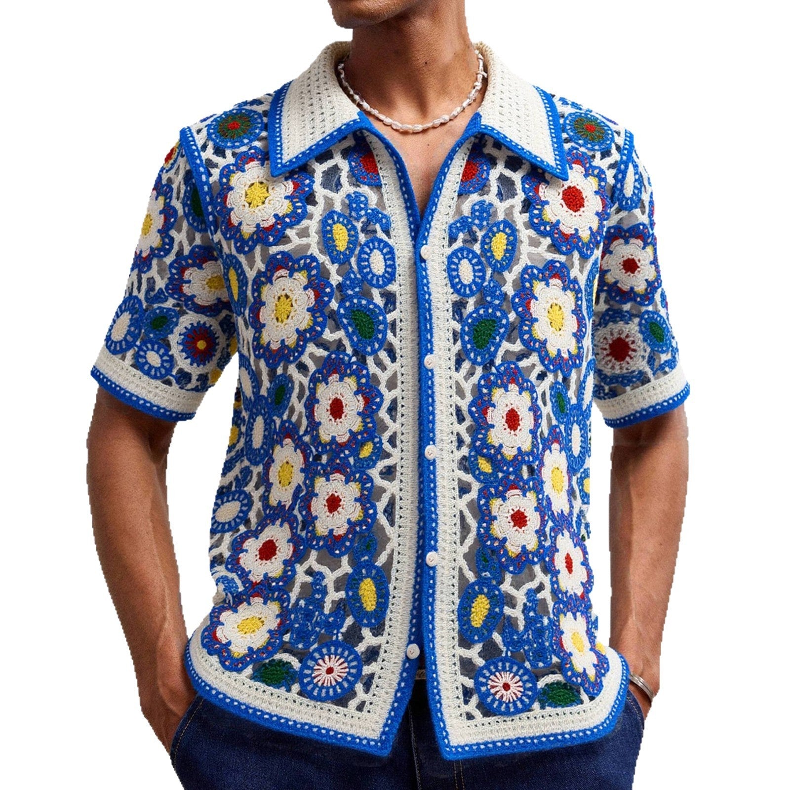 Ethnic Style Crochet Knitted Shirt Short Sleeved