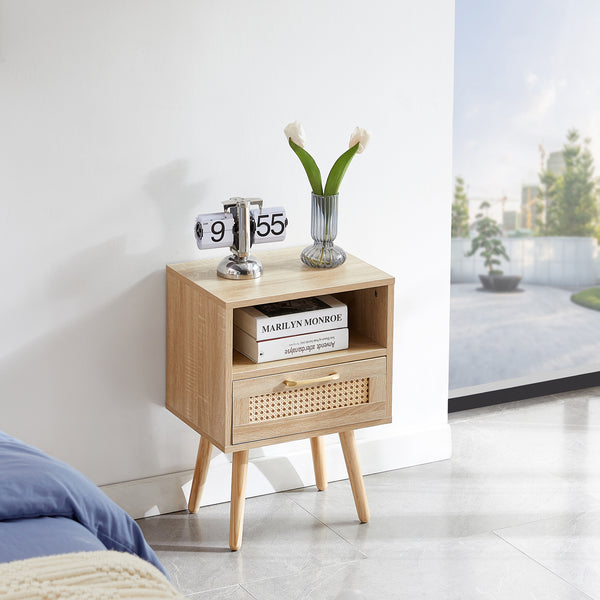 Rattan End Table With Drawer Solid Wood Legs Modern Nightstand Side Table